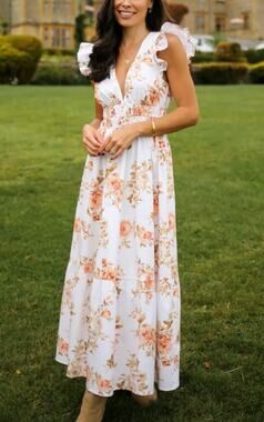 Everyone Loves The Weekend Tuckernuck Flounce Maxi Dress Fall Peach Floral XS